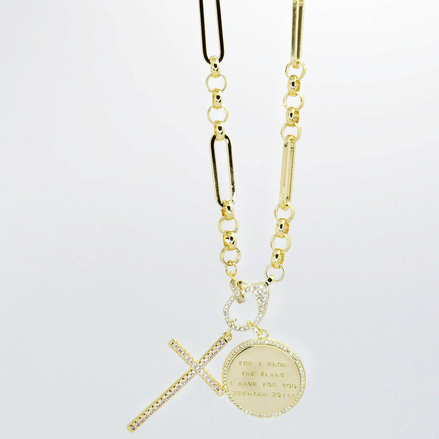 Gold chain necklace with crystal cross and engraved round pendant, women's jewelry