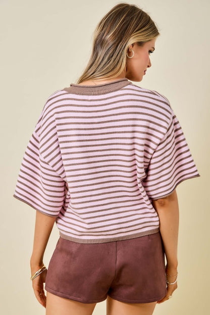 Pink & Brown Stripe Henley Sweater