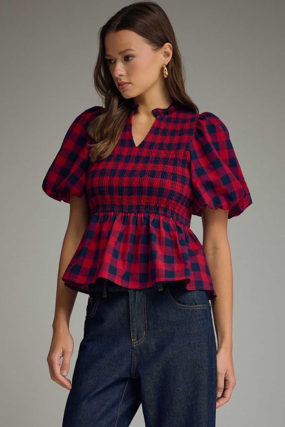 The Hadley Plaid Smocked Peplum Top
