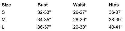 Women's clothing size chart with bust, waist, and hips measurements for S, M, L sizes.