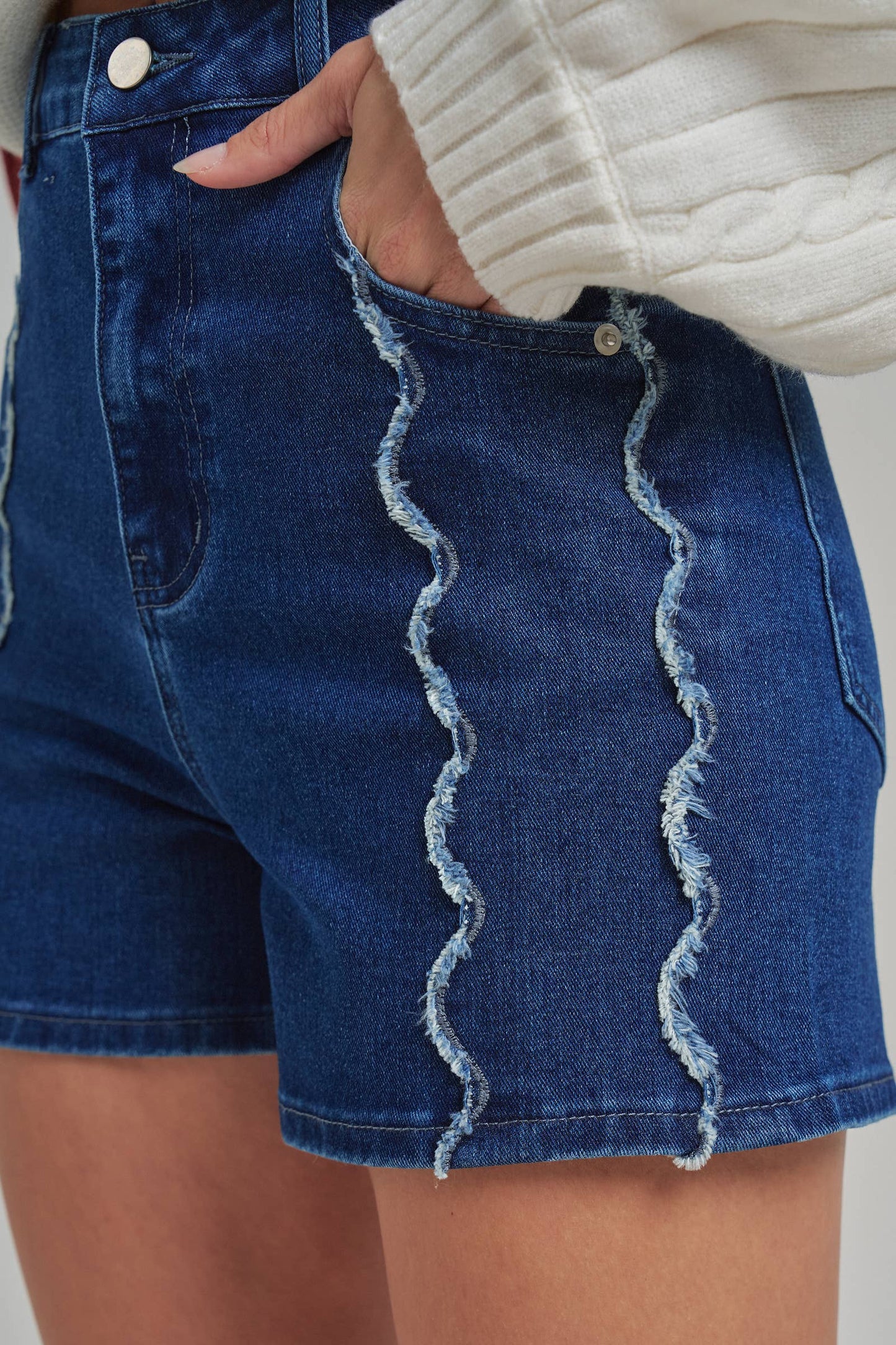 High Ride Dark Wash Denim Shorts with Scallop Front