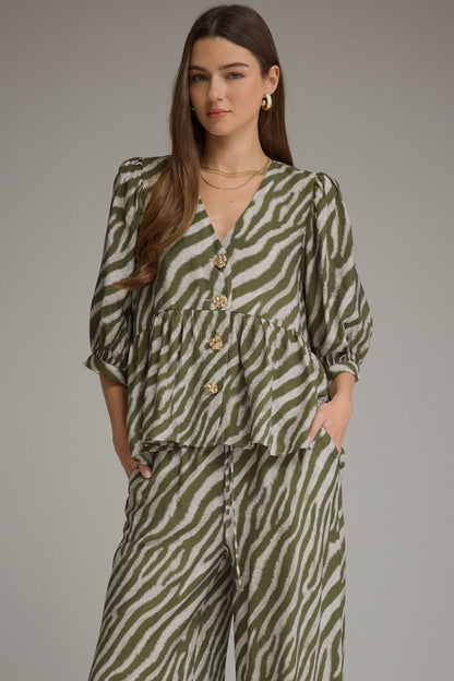 The Sloane Zebra Peplum Top – Olive