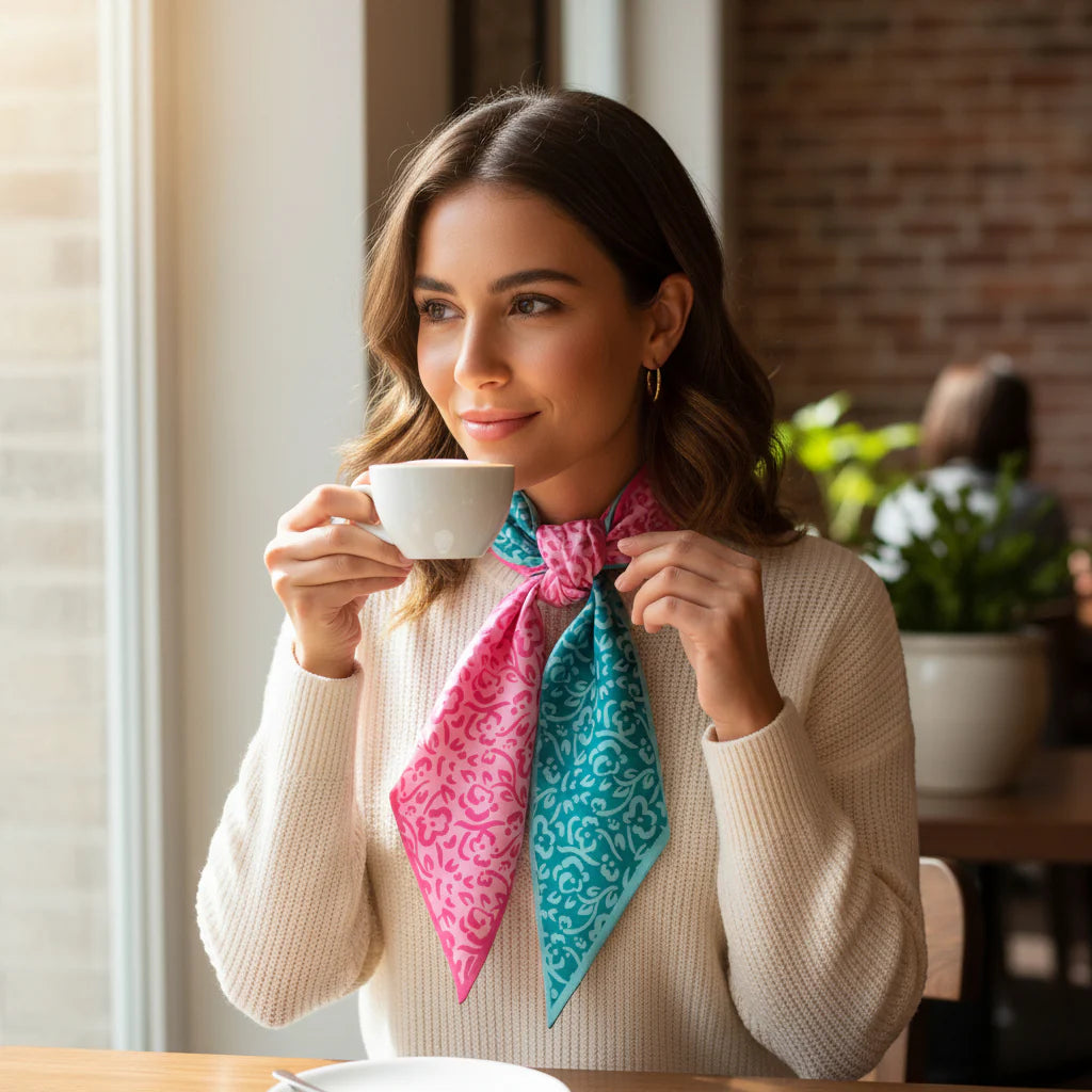 Woman holding a cup with a colorful scarf around her neck in a cozy indoor setting.