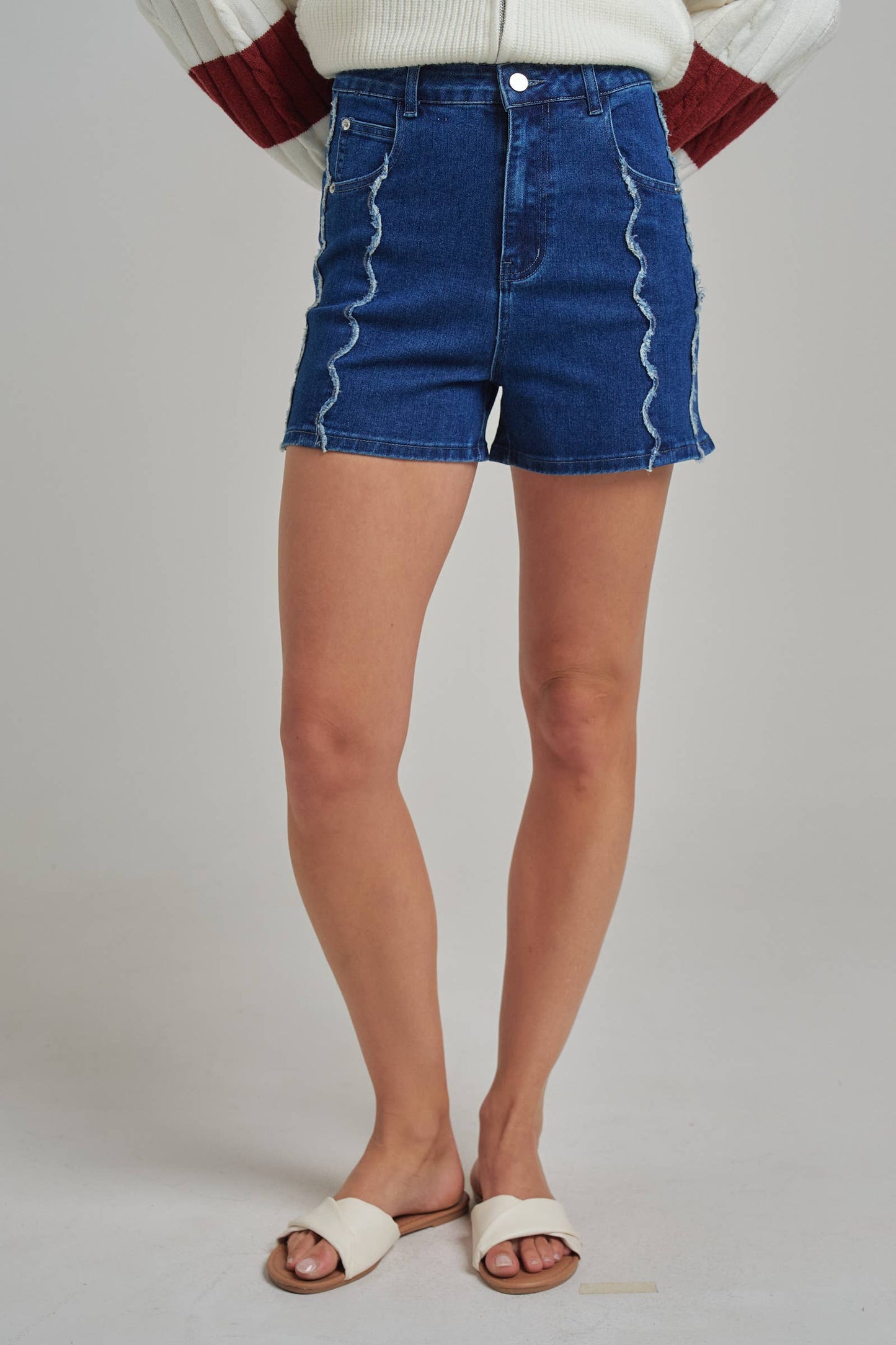High Ride Dark Wash Denim Shorts with Scallop Front