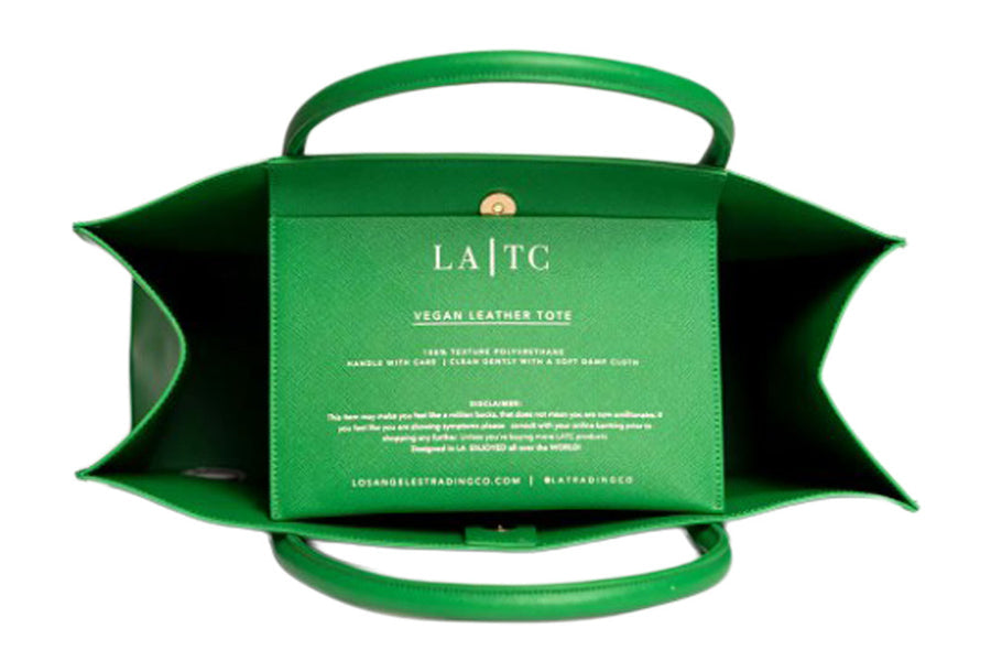 Green vegan leather tote bag with open top view and structured handles