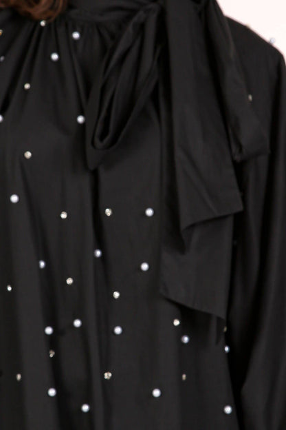 Pearl Embellished Neck Bowtie Balloon Oversize Dress