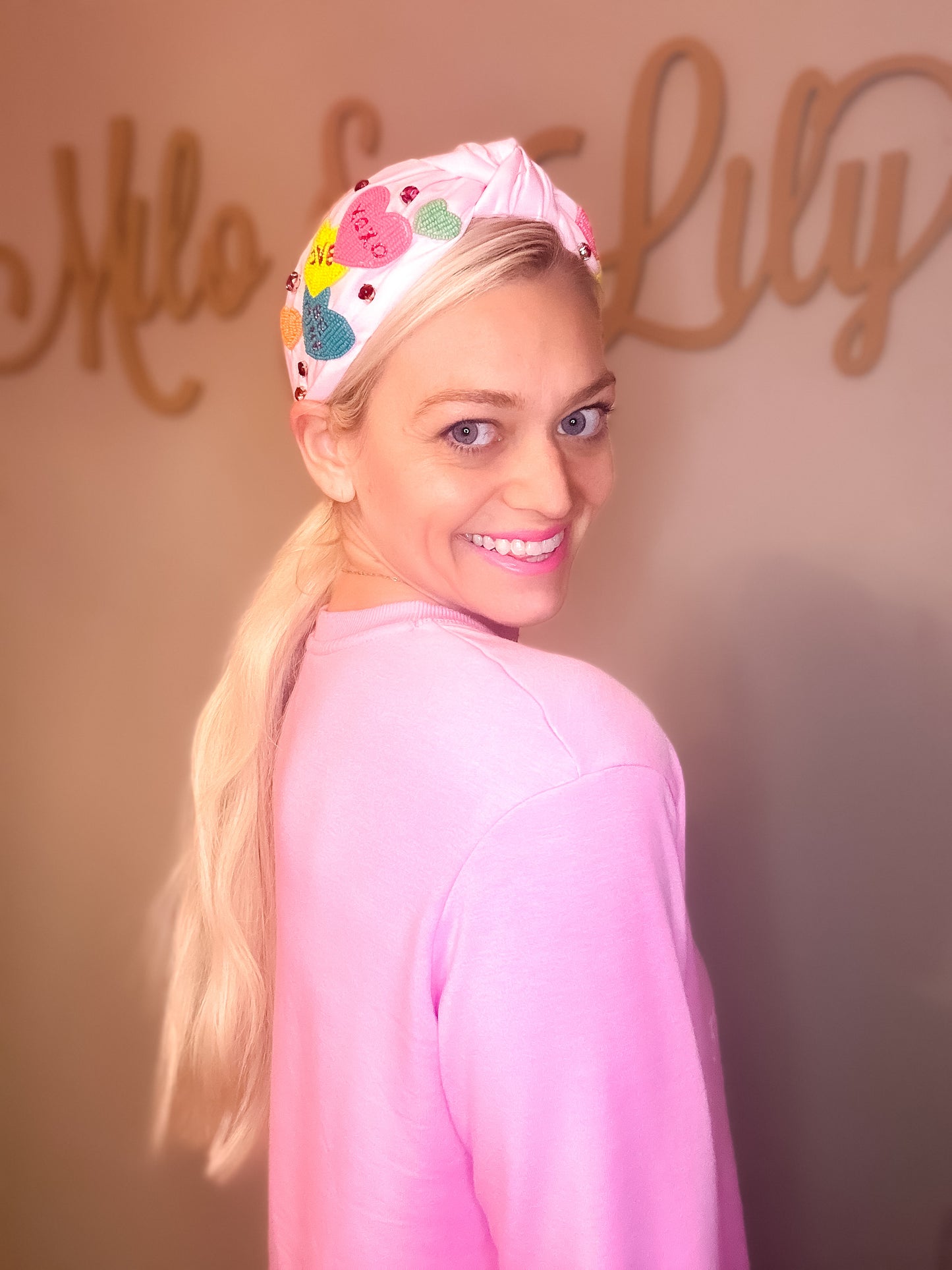 Pink Beaded Conversation Hearts Headband