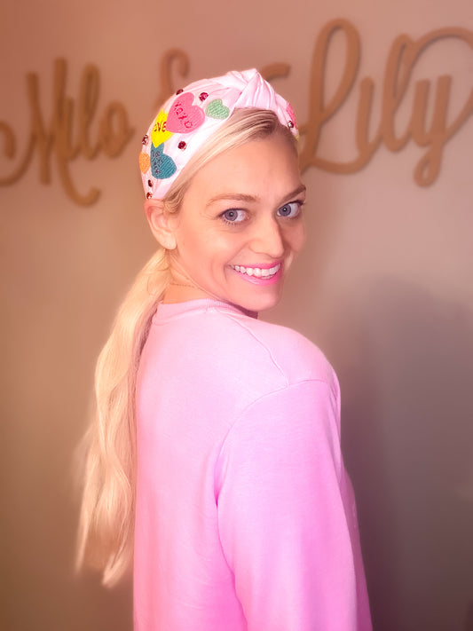 Pink Beaded Conversation Hearts Headband