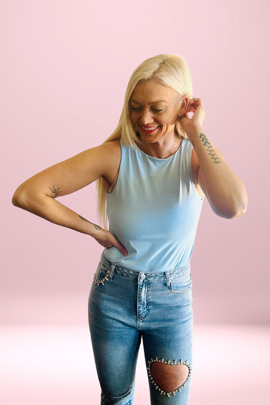 Buttery Soft Sleeveless Crew-Neck Knit Bodysuit - Light Blue