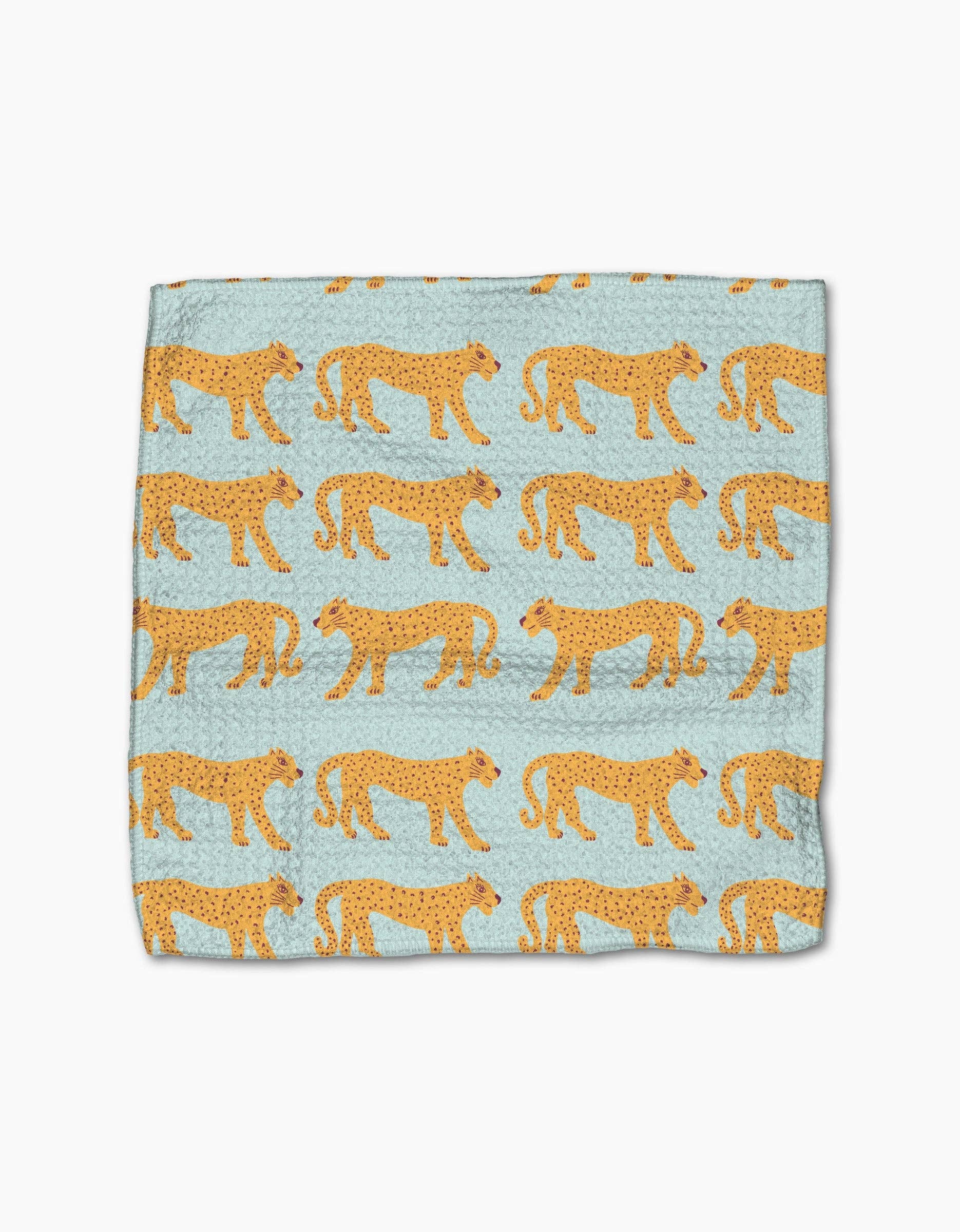 Light blue throw blanket with repeating yellow cheetah print pattern, cozy home accessory.