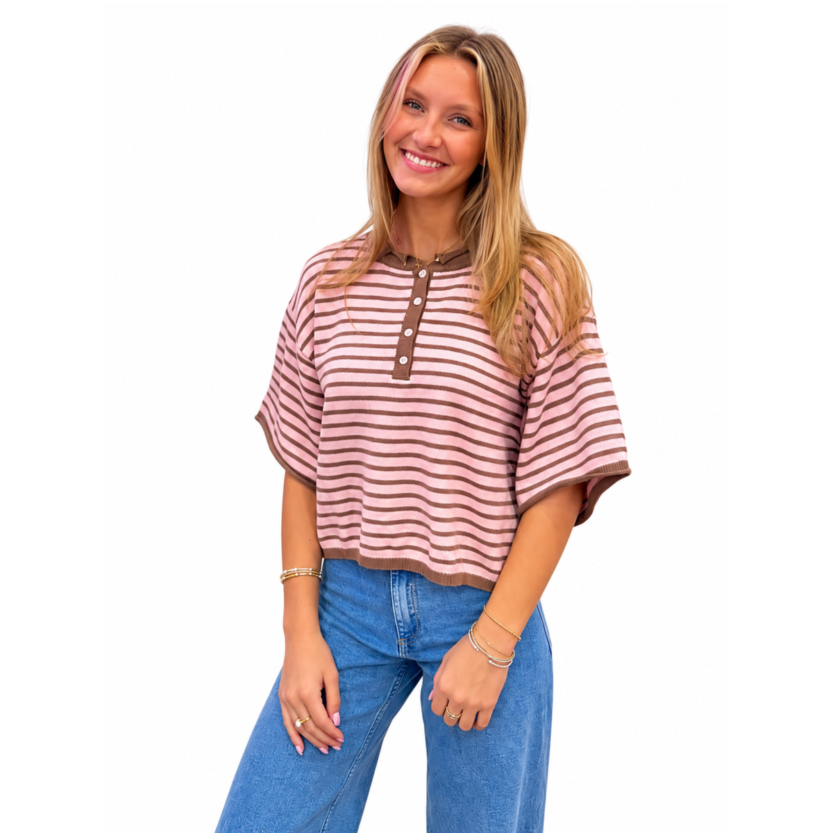 Pink & Brown Stripe Henley Sweater - Milo & Lily Boutique