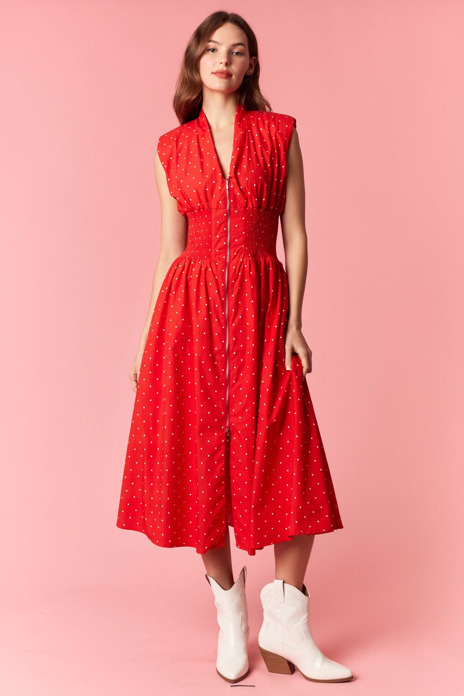 front zip midi dress Red Polka Dot Smocked Waist Large Size1:16 Add loafers and a ivory veil Short Long Sleeve Black