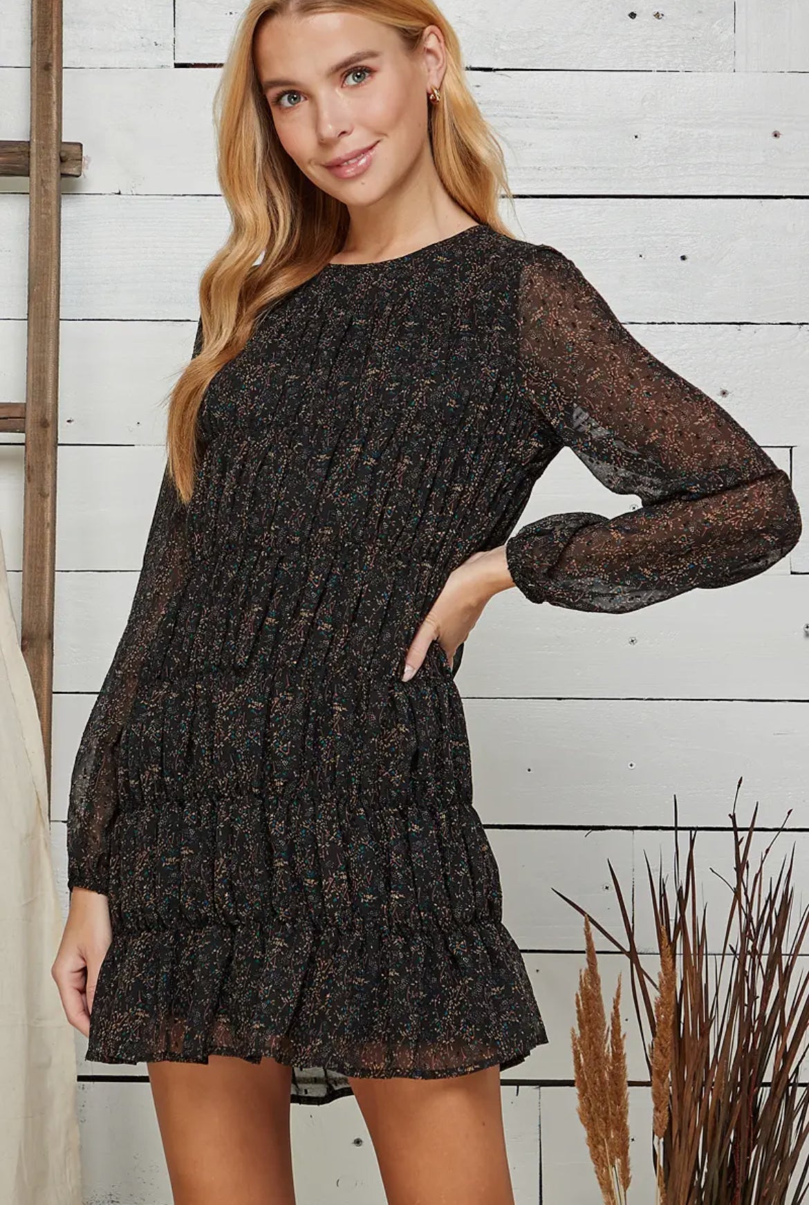 Black Ditsy Print Tiered Mini Dress - Milo & Lily Boutique