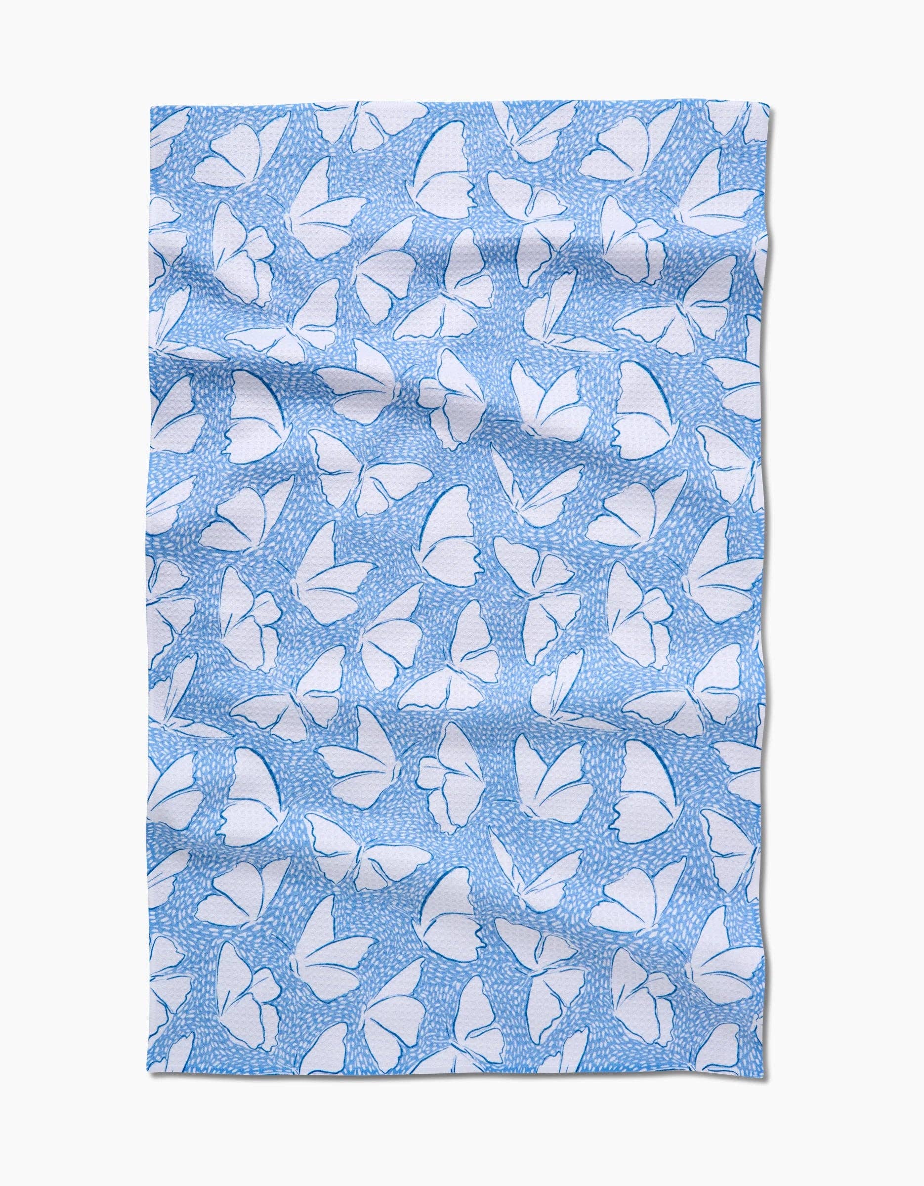 Light blue fabric with white butterfly print, patterned textile for women's fashion or accessories