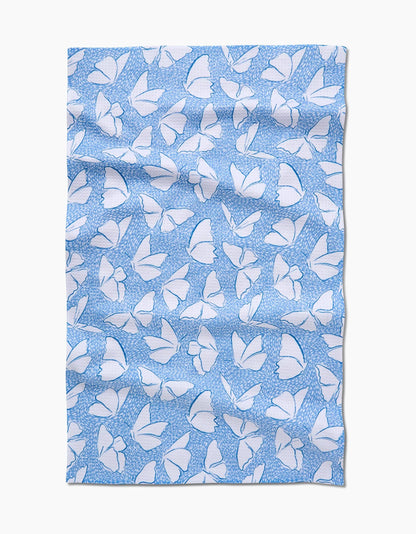 Light blue fabric with white butterfly print, patterned textile for women's fashion or accessories