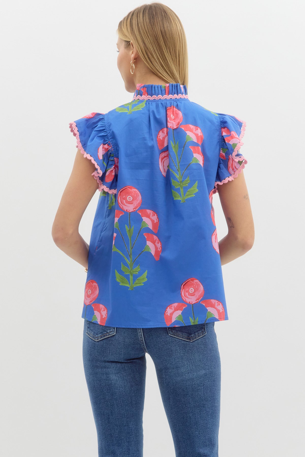 Melody Blue Floral Ruffle-Sleeve Blouse