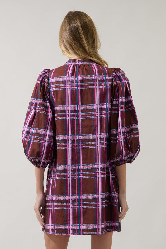 Victoria Shift Split Neck Mini Dress Plaid