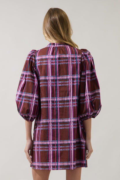 Victoria Shift Split Neck Mini Dress Plaid