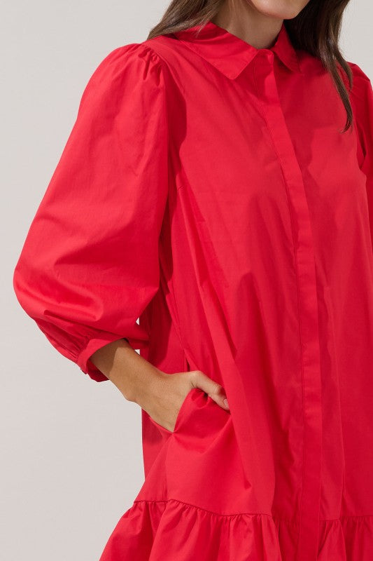 Ruby Red Button Down Long Sleeve Shift Dress