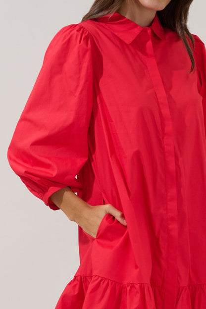 Ruby Red Button Down Long Sleeve Shift Dress