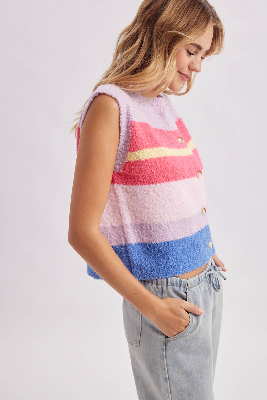 STRIPED MULTI COLOR FUZZY SWEATER VEST / WL26-13898: LAVENDER/FUCHSIA / S-M-L(2-2-2) - Milo & Lily Boutique