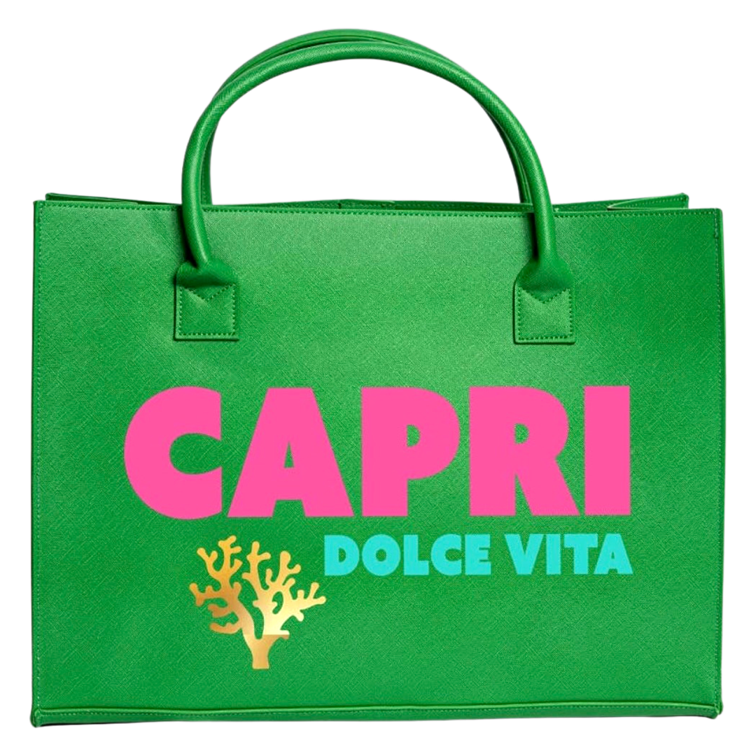 Green tote bag with 'CAPRI DOLCE VITA' text and coral graphic, women's fashion accessory