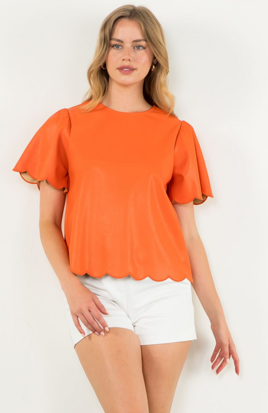 Orange Scallop Faux Leather Blouse