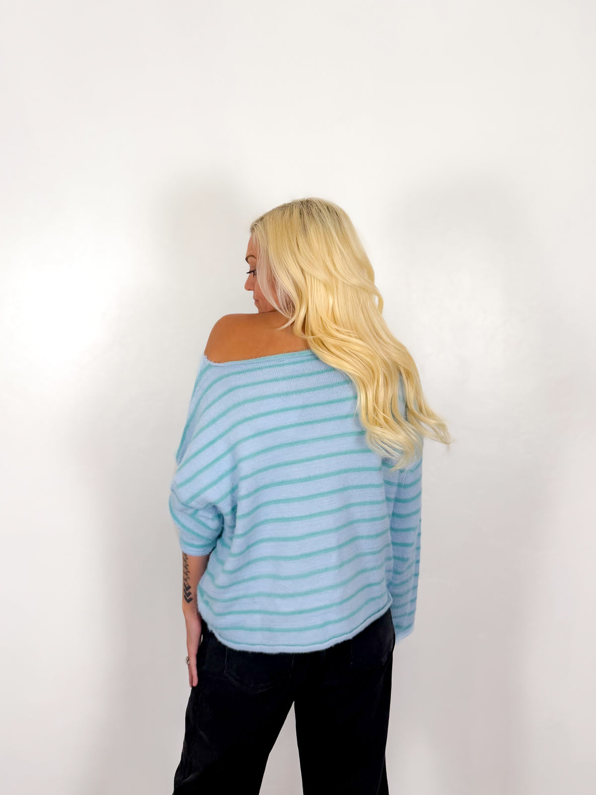 Sea Glass Stripe Off Shoulder Sweater - Milo & Lily Boutique