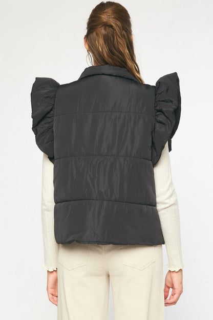 The Ruffle Edge Puffer Vest 
-Black