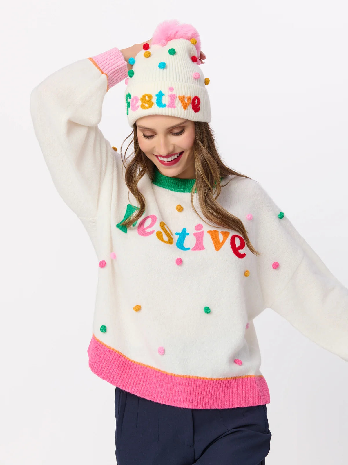 Shiraleah "Festive" Pom Pom Relaxed Sweater, Ivory