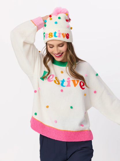Shiraleah "Festive" Pom Pom Relaxed Sweater, Ivory