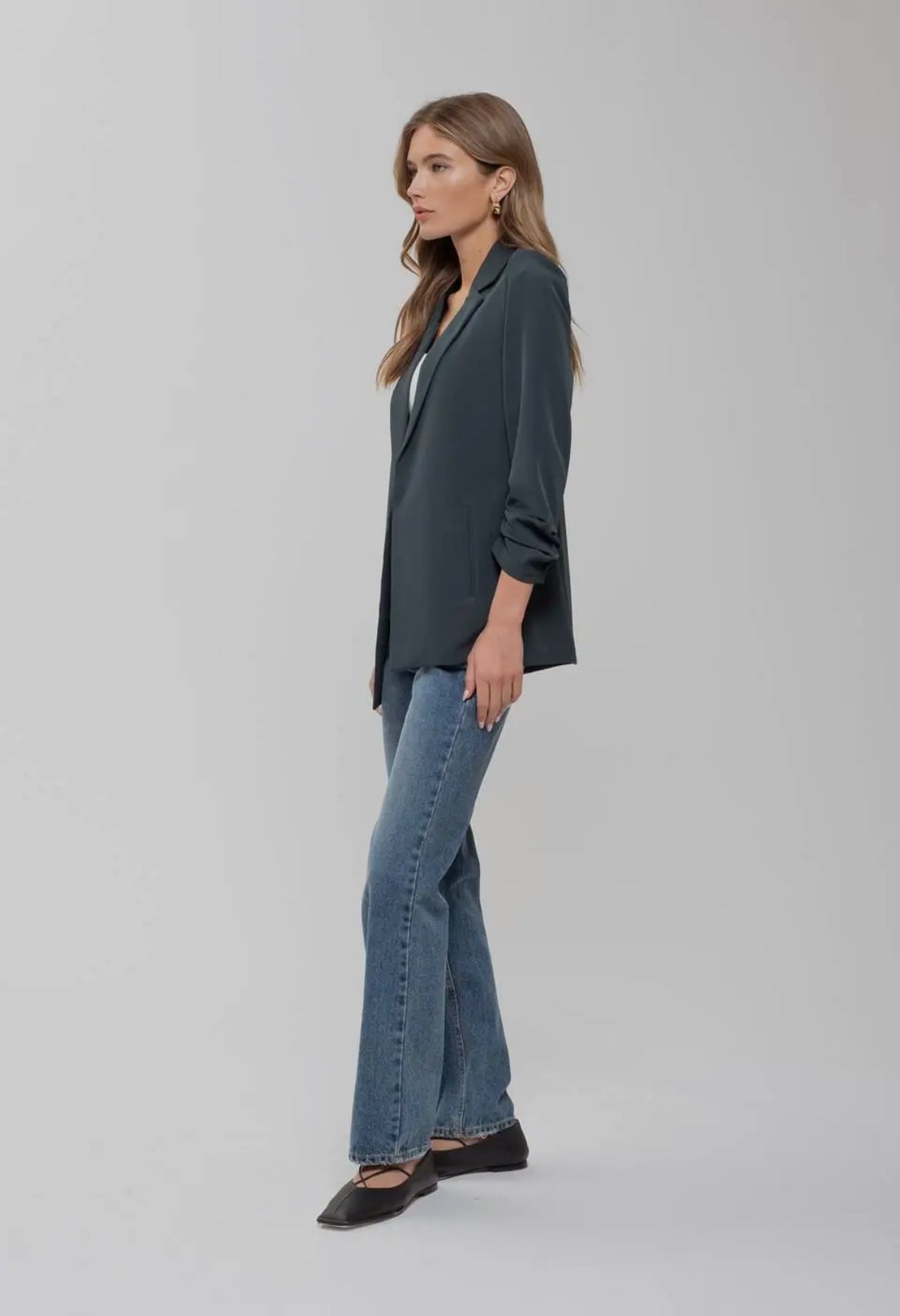 Hunter Green Ruched Sleeve Open Blazer