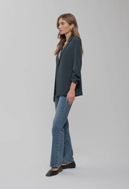Hunter Green Ruched Sleeve Open Blazer