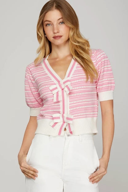 Pink Puff Sleeve Bow Front Crop Cardigan