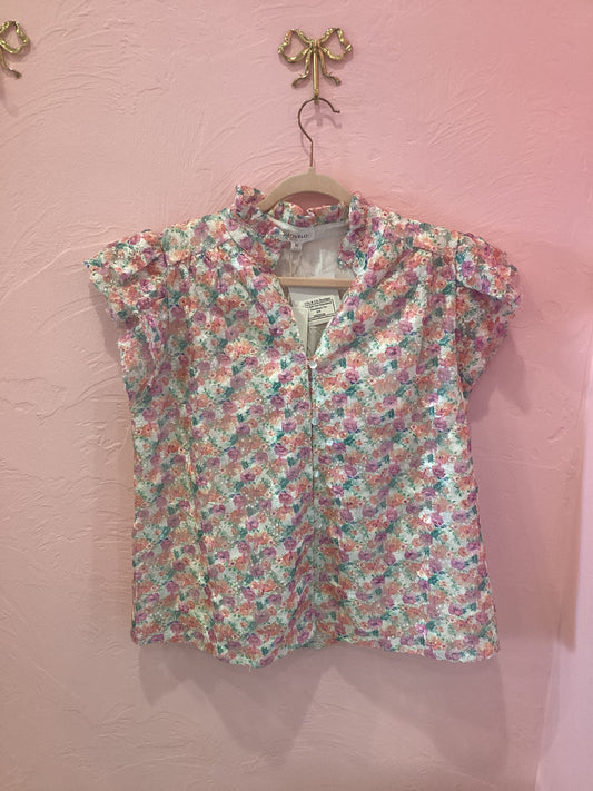Sara Split Neck Embroidered Floral Sequin Top