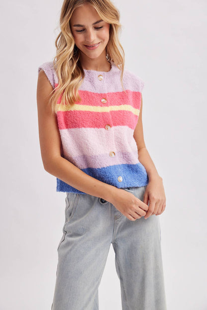 STRIPED MULTI COLOR FUZZY SWEATER VEST / WL26-13898: LAVENDER/FUCHSIA / S-M-L(2-2-2) - Milo & Lily Boutique