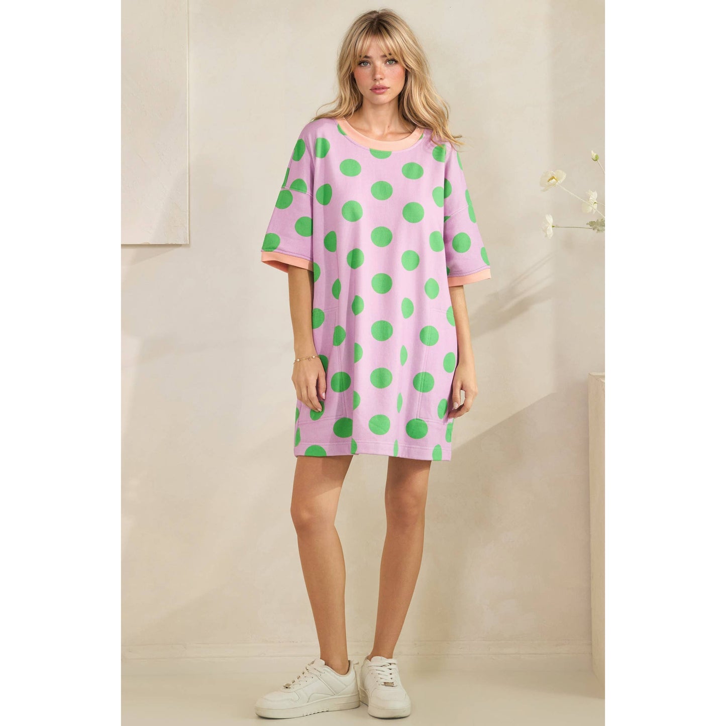 Playful Polka Dot Relaxed Mini Dress: Lavender/Green / S - Milo & Lily Boutique
