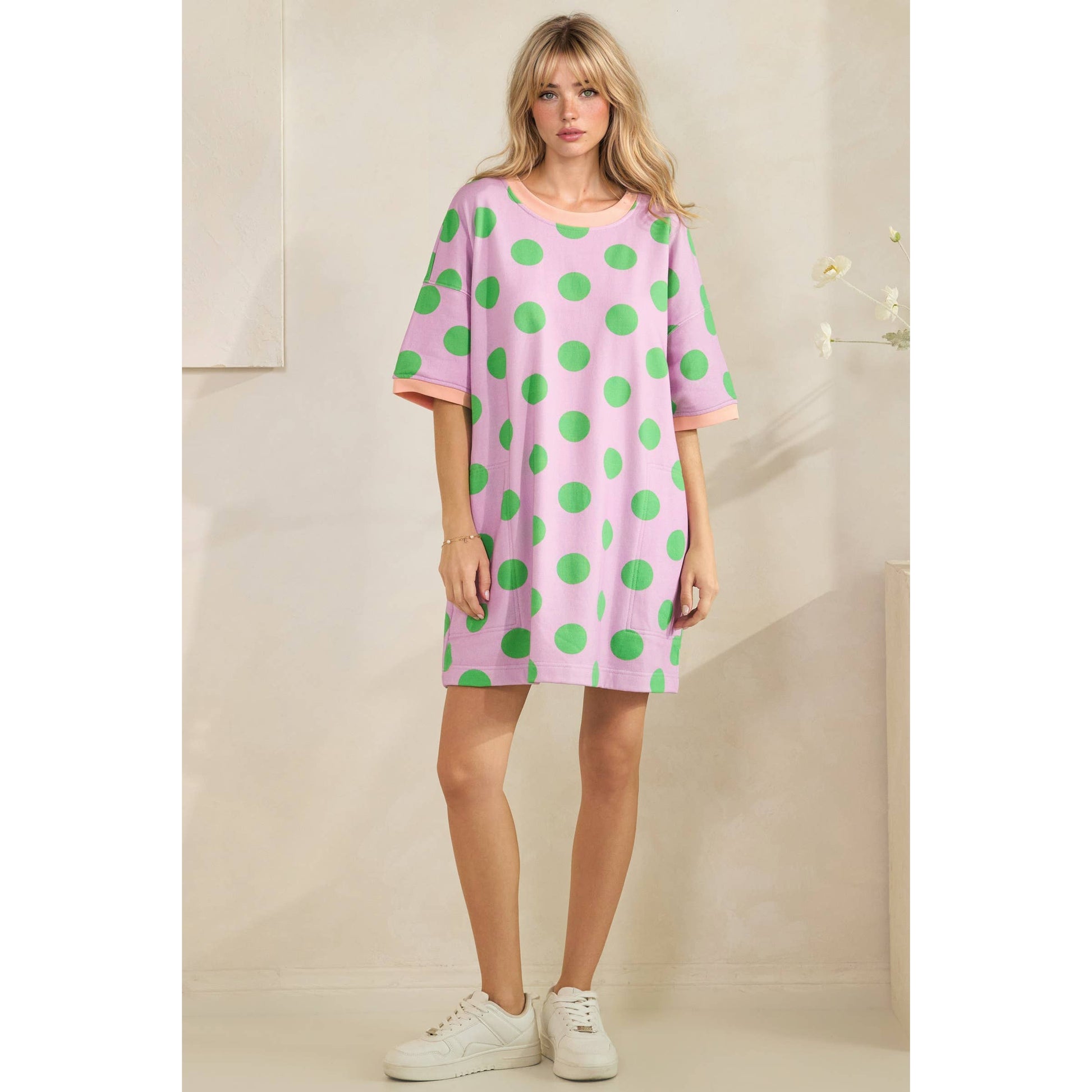Playful Polka Dot Relaxed Mini Dress: Lavender/Green / S - Milo & Lily Boutique