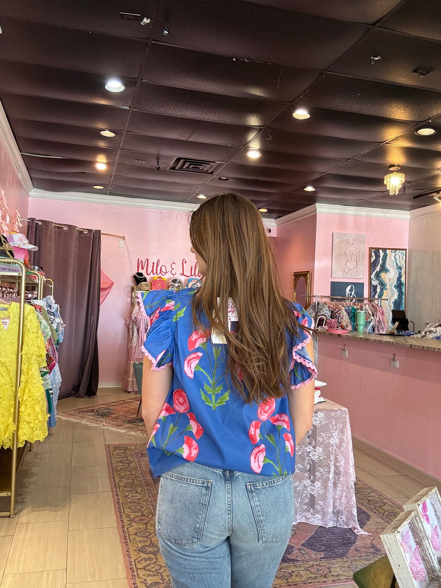 Melody Blue Floral Ruffle-Sleeve Blouse