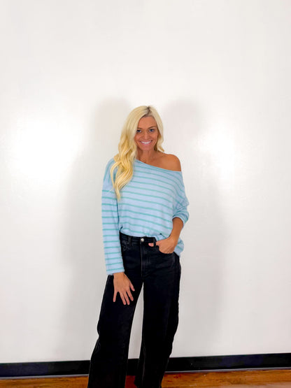 Sea Glass Stripe Off Shoulder Sweater - Milo & Lily Boutique