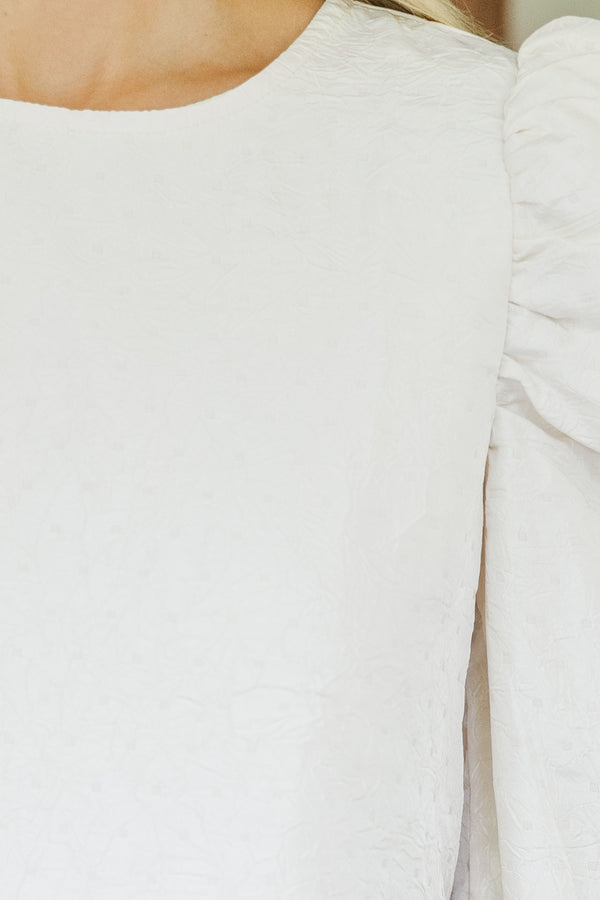 Hadley White Texture Puff Sleeve Peplum Blouse