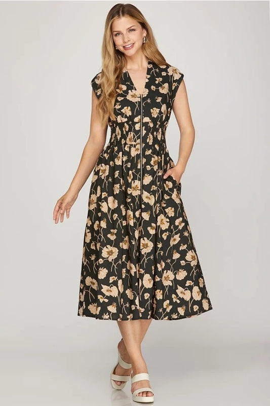 Olive Floral Zip Front Midi Dress