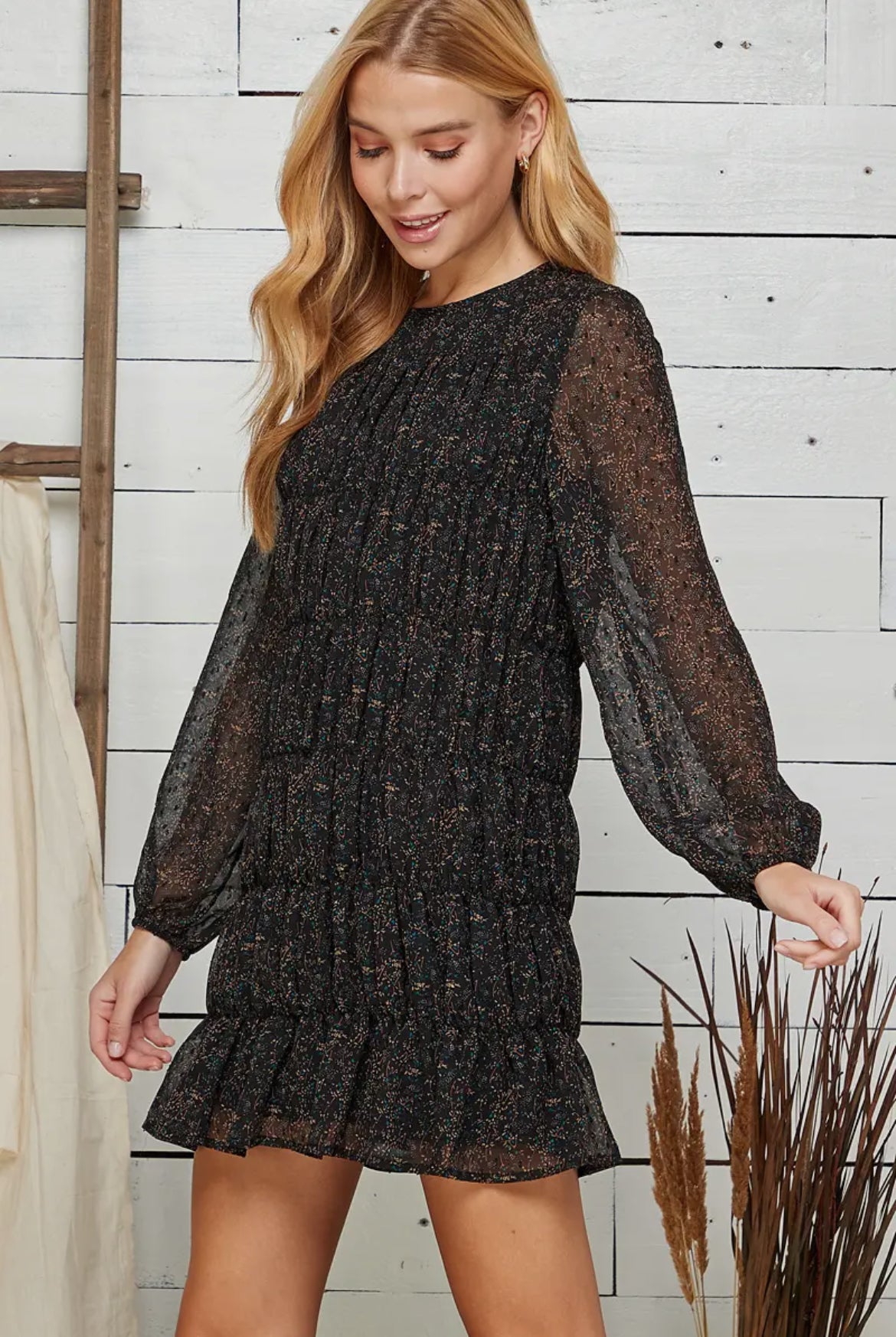 Black Ditsy Print Tiered Mini Dress - Milo & Lily Boutique