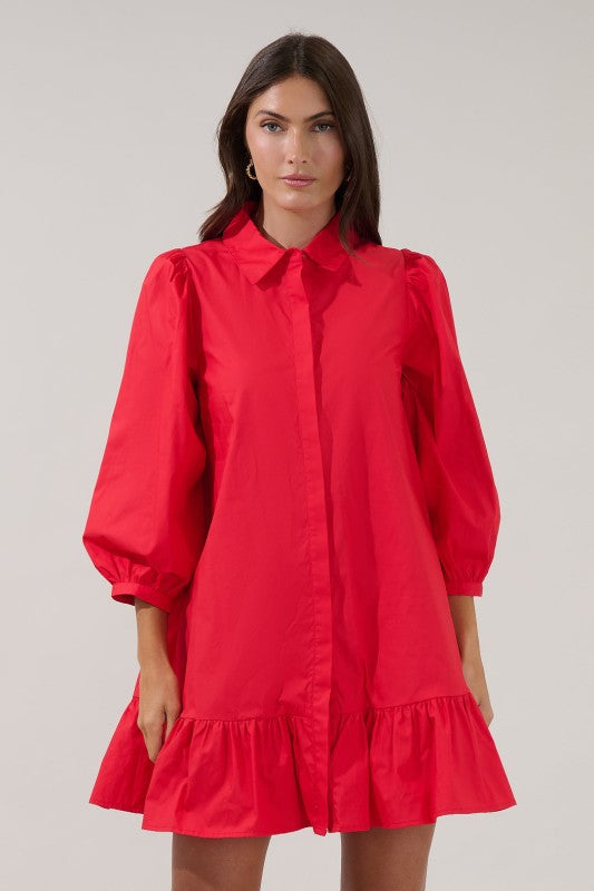 Ruby Red Button Down Long Sleeve Shift Dress