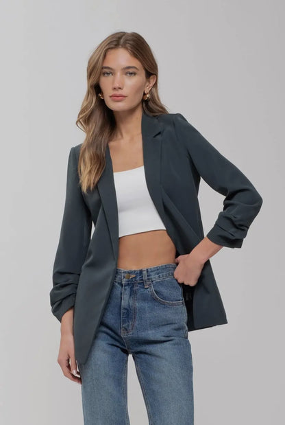 Hunter Green Ruched Sleeve Open Blazer