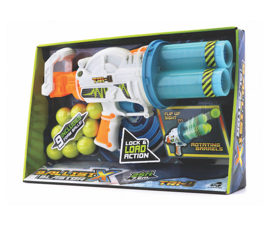 Foam ball blaster toy in packaging with bright blue barrels and nine yellow foam balls included
