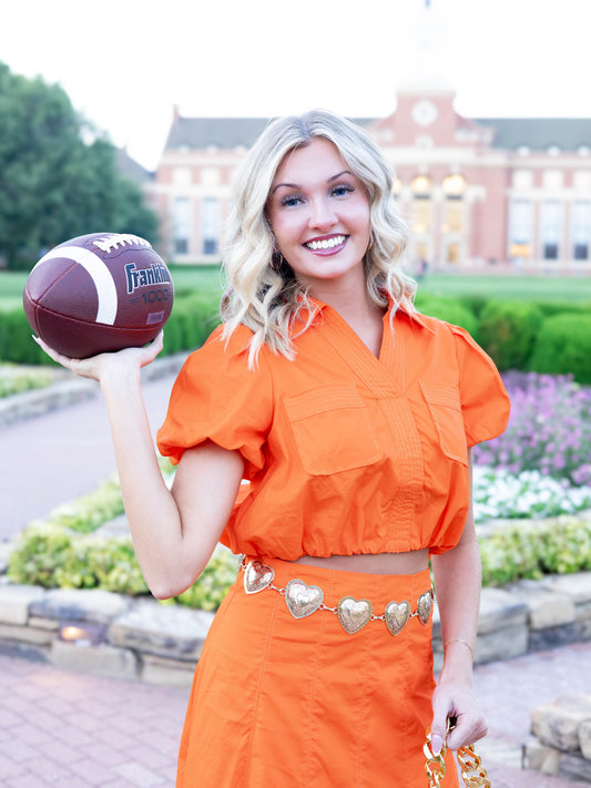 Orange Game Day Puff Sleeve Crop Top