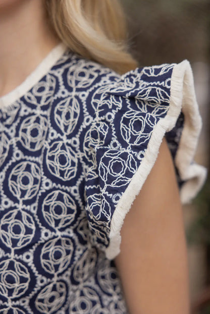 Navy and white embroidered tank with fringe sleeve