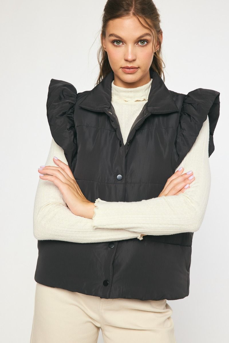 The Ruffle Edge Puffer Vest 
-Black