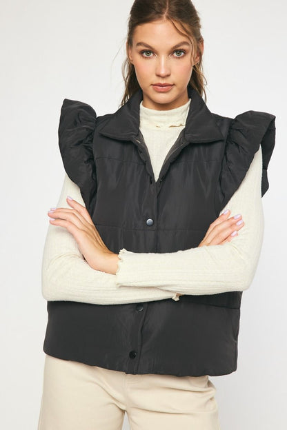 The Ruffle Edge Puffer Vest 
-Black